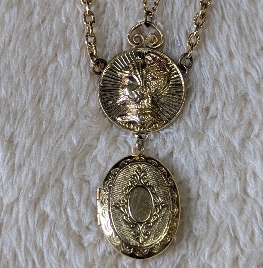 Vintage Goldtone Double Strand Roman Medallion And Oval Locket Pendant Necklace - Picture 5 of 8